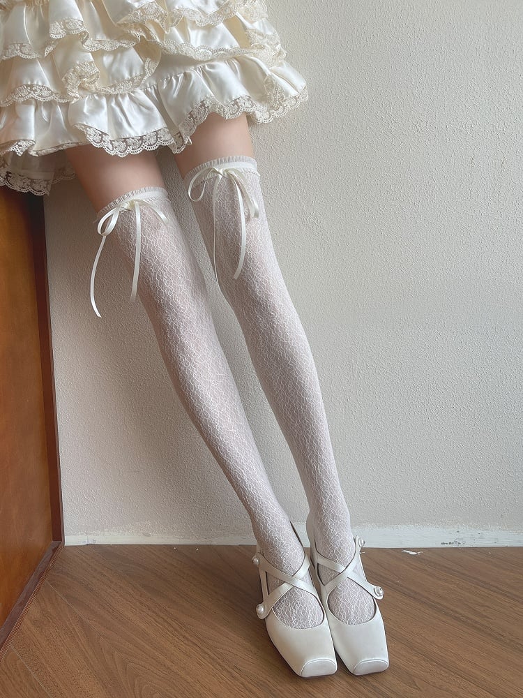 Milk White/Black Floral Pattern Bowknot Details Overknee Stockings