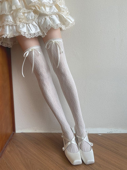 Milk White/Black Floral Pattern Bowknot Details Overknee Stockings