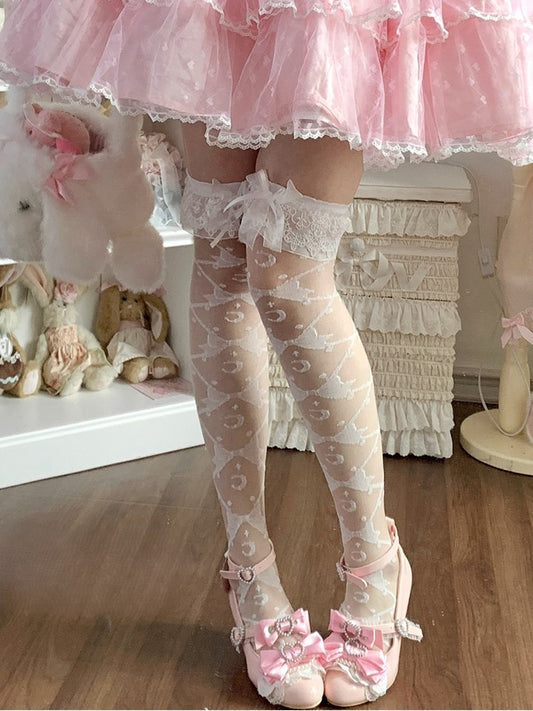 White Moon and Bowknots Pattern Lace Cuffs Sweet Lolita Underknee/Overknee Stockings