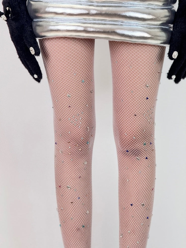 Black/White/Brown/Red Y2K Rhinestone Decorated Fishnet Design Tights