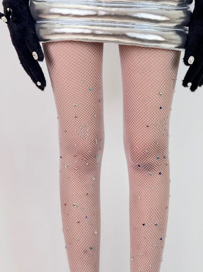 Black/White/Brown/Red Y2K Rhinestone Decorated Fishnet Design Tights