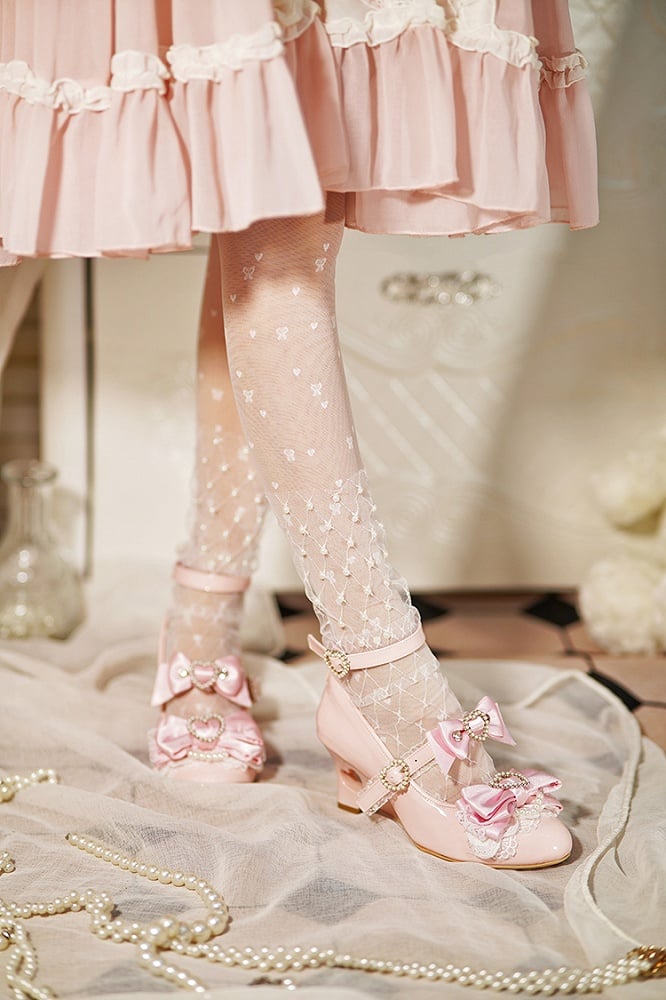 Light Pink Gyaru Fashion Heart Cut-out Wedge Heels Mary Janes Jirai Kei Shoes