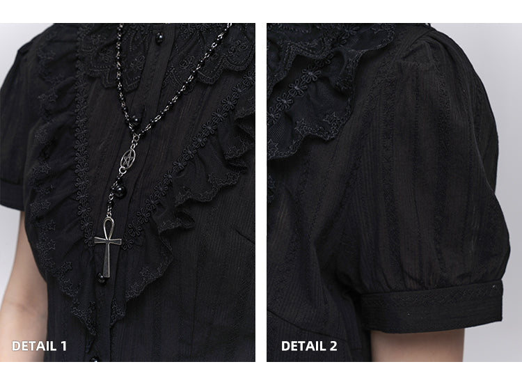 Black Lace Trim Short Sleeves Gothic Blouse