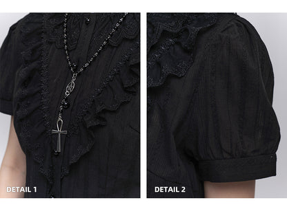 Black Lace Trim Short Sleeves Gothic Blouse