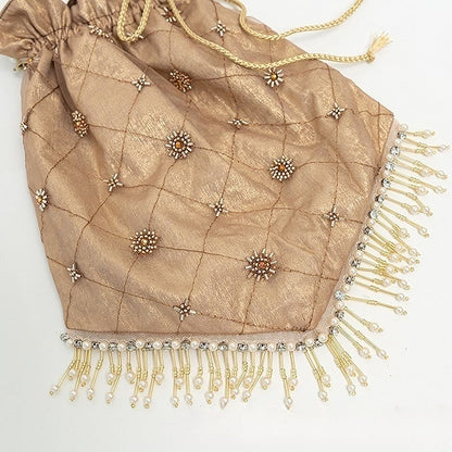 Beaded Design Tassel Hem Brown Diamond Pattern Handbag