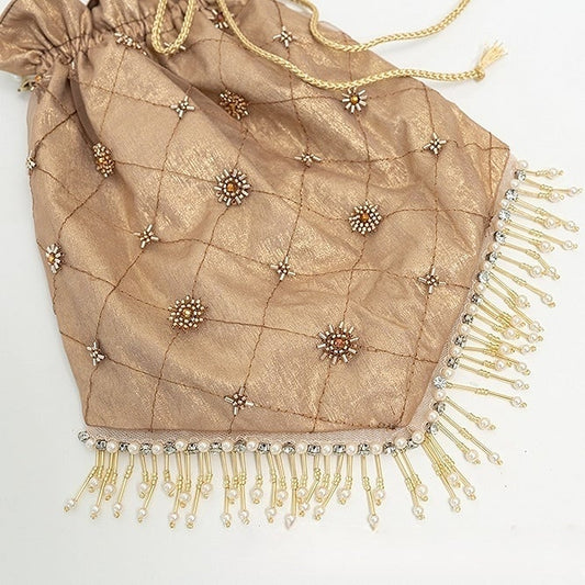 Beaded Design Tassel Hem Brown Diamond Pattern Handbag