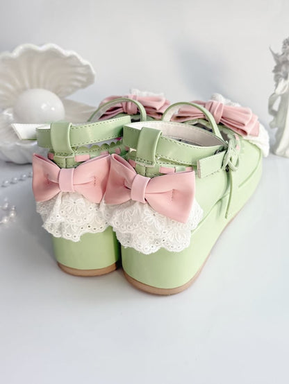 Apple Green Bow at Top Lace Trim Heart Buckles Platforms