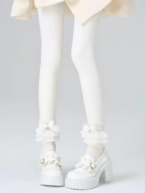 White Tights＋White Lace Bowknot Leg Loops Set