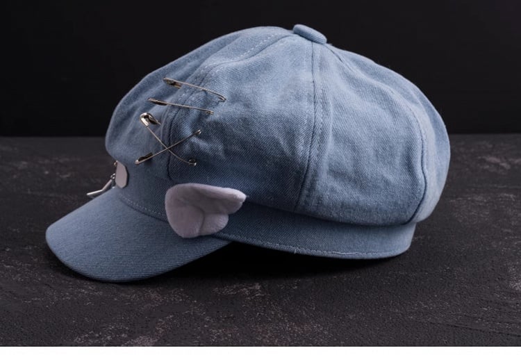 Handmade Heart Buckle and Wings Light Blue Denim Hat