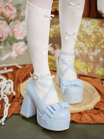 Crisscross Ankle Strap Blue Bow at Top 11cm High Heels