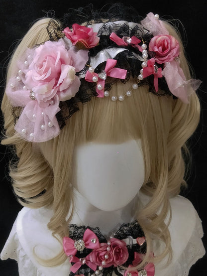 Black&Pink Rhinestone Heart Decorated Beaded Charm Floral Design Lace Trim Bowknot Hairband