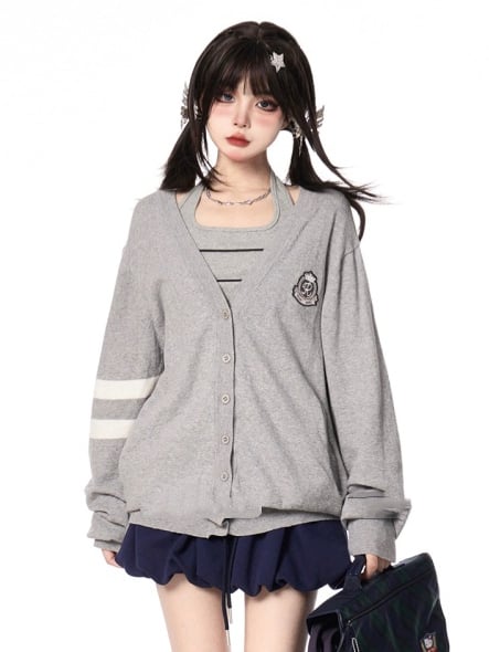 JK Uniform Preppy Style Black/Gray V-neck Knit Cardigan for Autumn