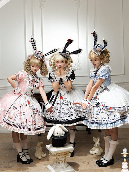 Alice in Wonderland Vibes Pink Bunny and Teapot Print Apron Dress Sweet Lolita OP / Full Set