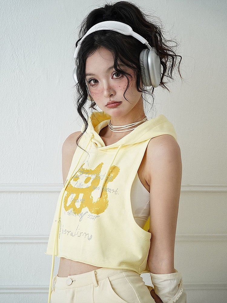 Light Yellow Kitty Print Hooded Top + White Cami Top Set