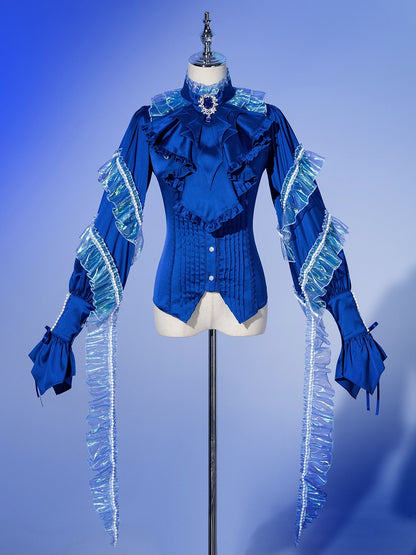 Deep Sea Blue Bat Wings Cascading Ruffle Trim Jabot Tie