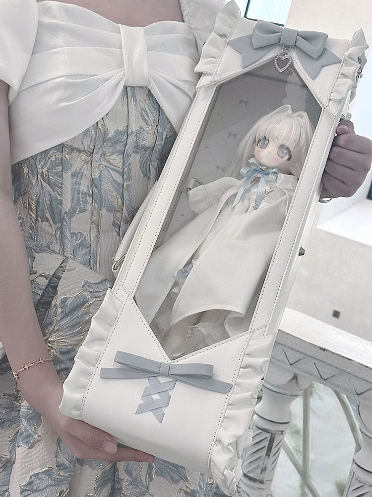 White&Blue Bowknot Details Diamond Pattern 1/4 Scale BJD Doll Bag with Two Straps