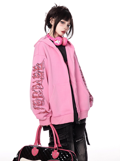 Pink Letter Print Sleeves Zip-up Hoodie for Autumn