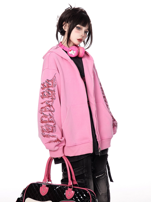 Pink Letter Print Sleeves Zip-up Hoodie for Autumn