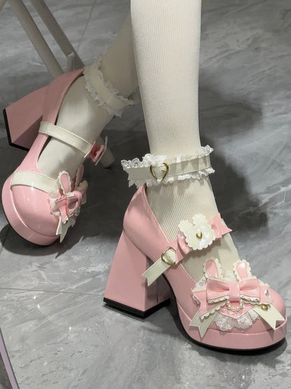 Polished Pink Sweet Lolita Bunny Decorated Bowknot Details Lace Trim Platform High Block Heels