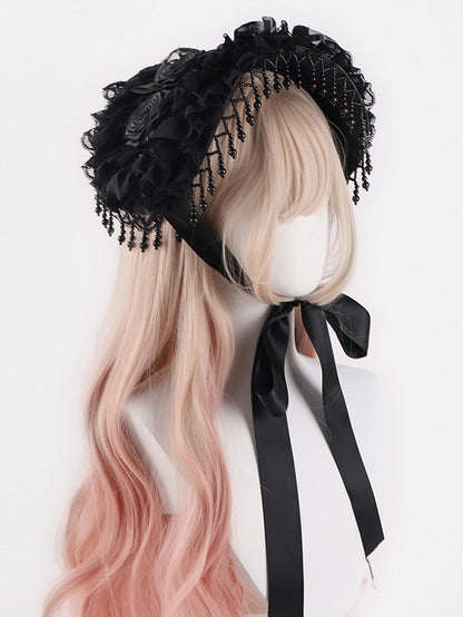 Rosette Design Gothic Black Beads Tassels Halloween Hat