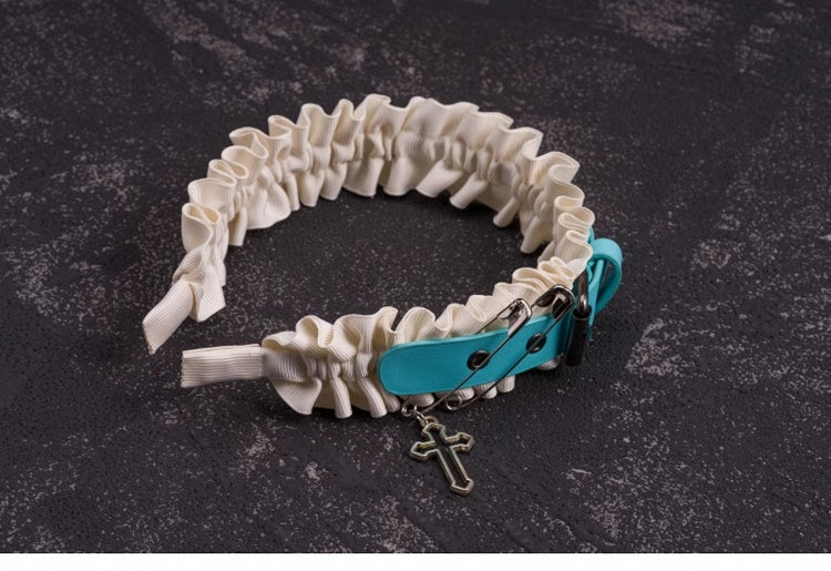 Side Blue PU Buckle White Cross and Pins Ruffled KC