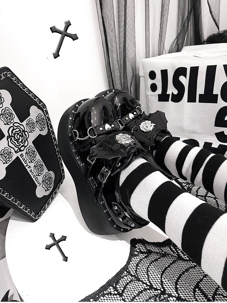 Devil Wings Punk Black Platforms Silver-tone Studs Goth Shoes