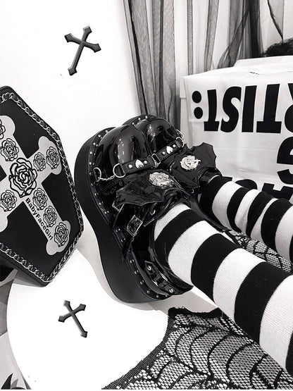Devil Wings Punk Black Platforms Silver-tone Studs Goth Shoes