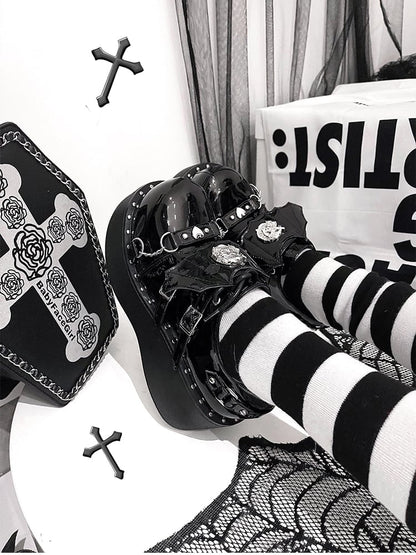 Devil Wings Punk Black Platforms Silver-tone Studs Goth Shoes