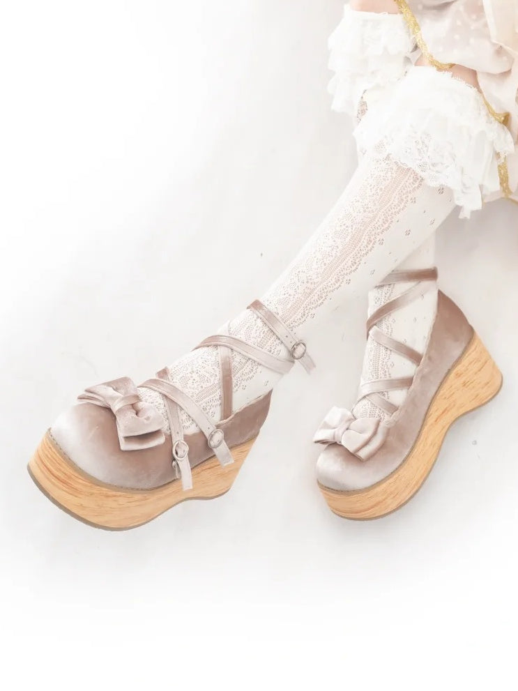Sweet Beige Mary Janes for Lolita - Platform Heel with Bow Decor & Crossed Straps