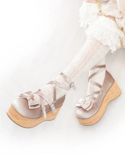 Sweet Beige Mary Janes for Lolita - Platform Heel with Bow Decor & Crossed Straps