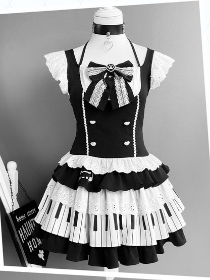 Black and White Flutter Sleeves Halter Top+ Piano Key Design Tiered Skirt + Striped Armwear Set