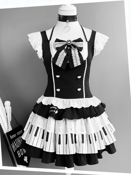 Black and White Flutter Sleeves Halter Top+ Piano Key Design Tiered Skirt + Striped Armwear Set
