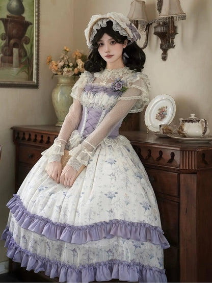 Iris Print Purple Boned Corset Bodice Floral Dress Classic Lolita JSK Full Set