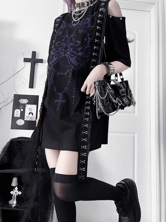 Black&Purple Emo Punk Cutout Shoulder Design T-shirt