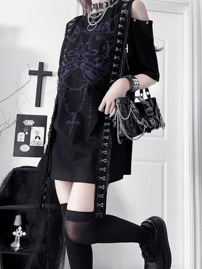 Black&Purple Emo Punk Cutout Shoulder Design T-shirt