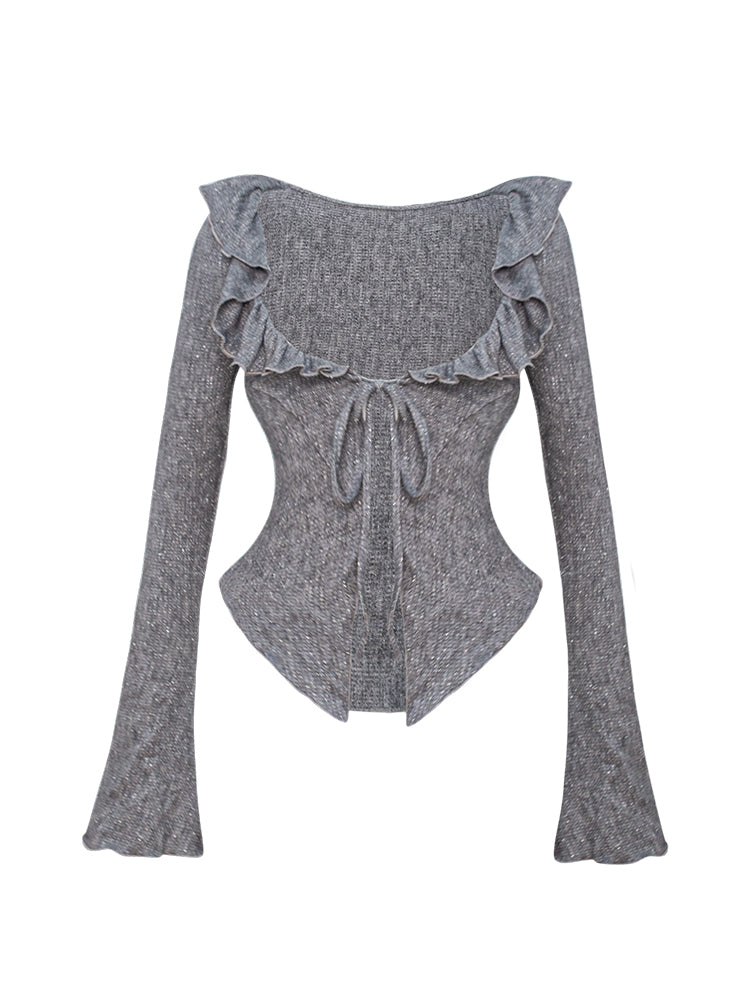 Gray Long Sleeve Knit Cardigan: Ruffled Collar with Tie-Front Closure