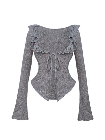 Gray Long Sleeve Knit Cardigan: Ruffled Collar with Tie-Front Closure
