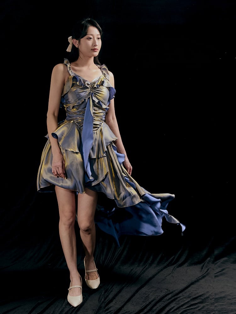 Purple Ruched Design Flounce Hem Vintage Dress