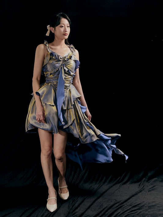 Purple Ruched Design Flounce Hem Vintage Dress