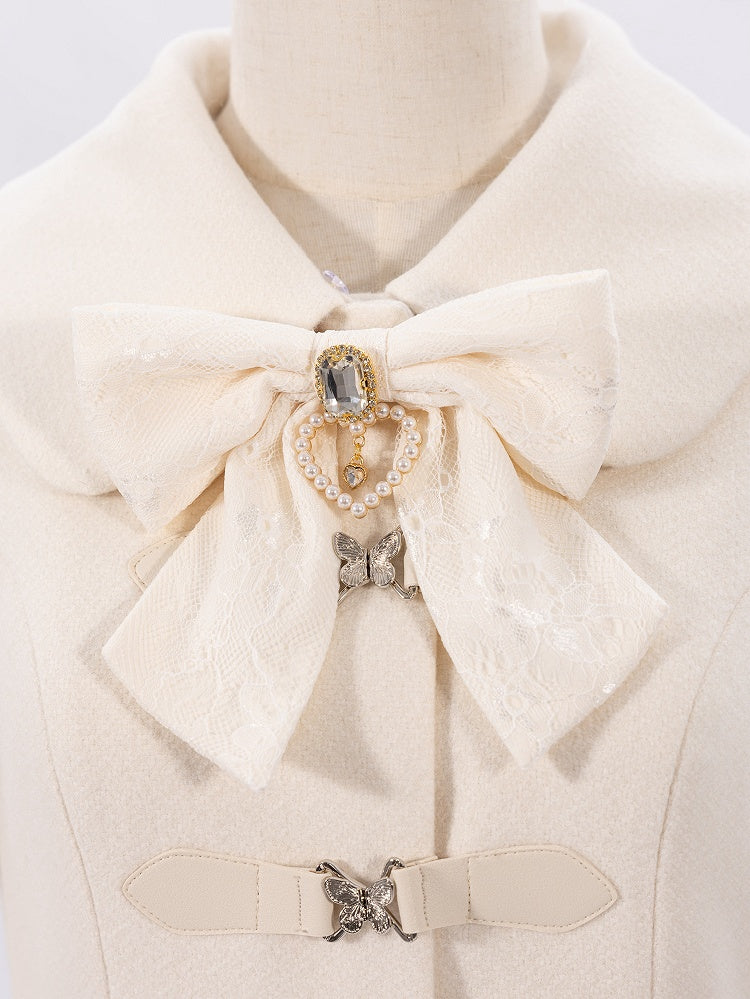 Creamy Jirai Kei Butterfly Buckles Closure Coat with Detachable Plush Collar and Cuffs