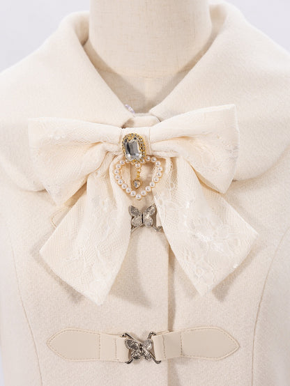 Creamy Jirai Kei Butterfly Buckles Closure Coat with Detachable Plush Collar and Cuffs