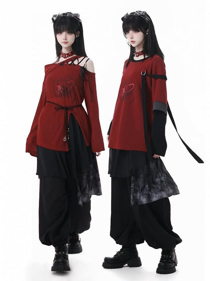 Lace-up Asymmetrical Neckline Red Slit Hem Graphic Coverup