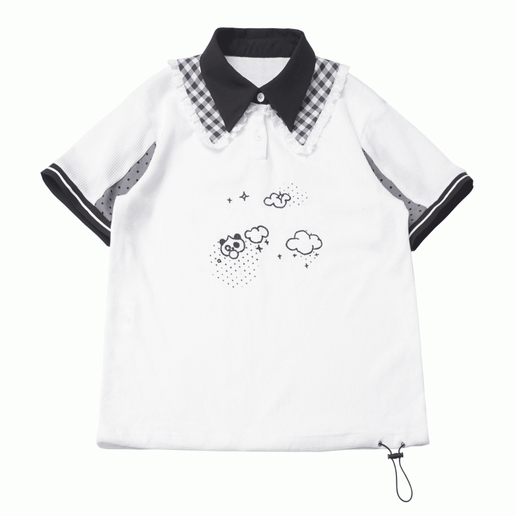 Double Layered Polo Collar Graffiti Panda Print White Waffle T-shirt