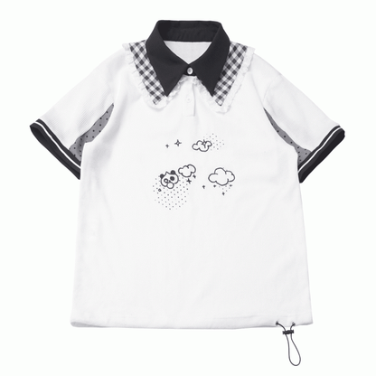 Double Layered Polo Collar Graffiti Panda Print White Waffle T-shirt