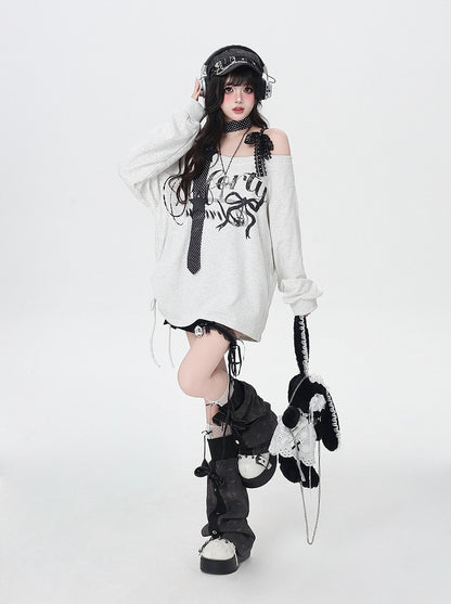 Light Gray Asymmetrical Neckline Letter Print Loose Sweatshirt