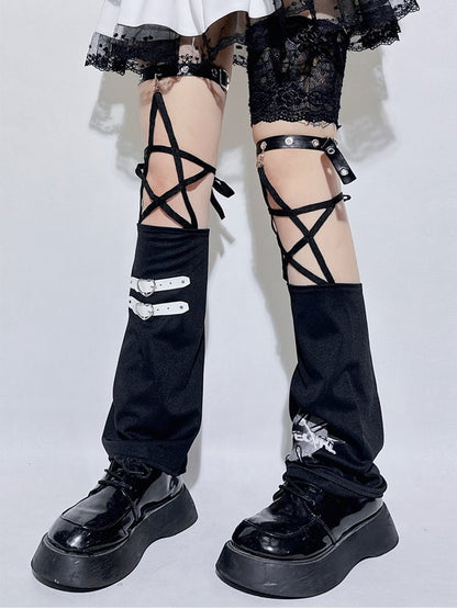 Black Buckle Design Star-Shaped Straps Leg Warmers