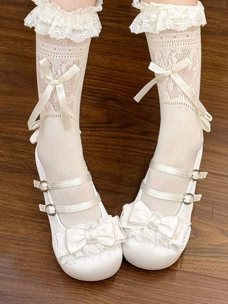 Mid-heel White Mary Janes in Sweet Lolita - Delicate Ruffle Lace, Bow Accents & Twin Clasps