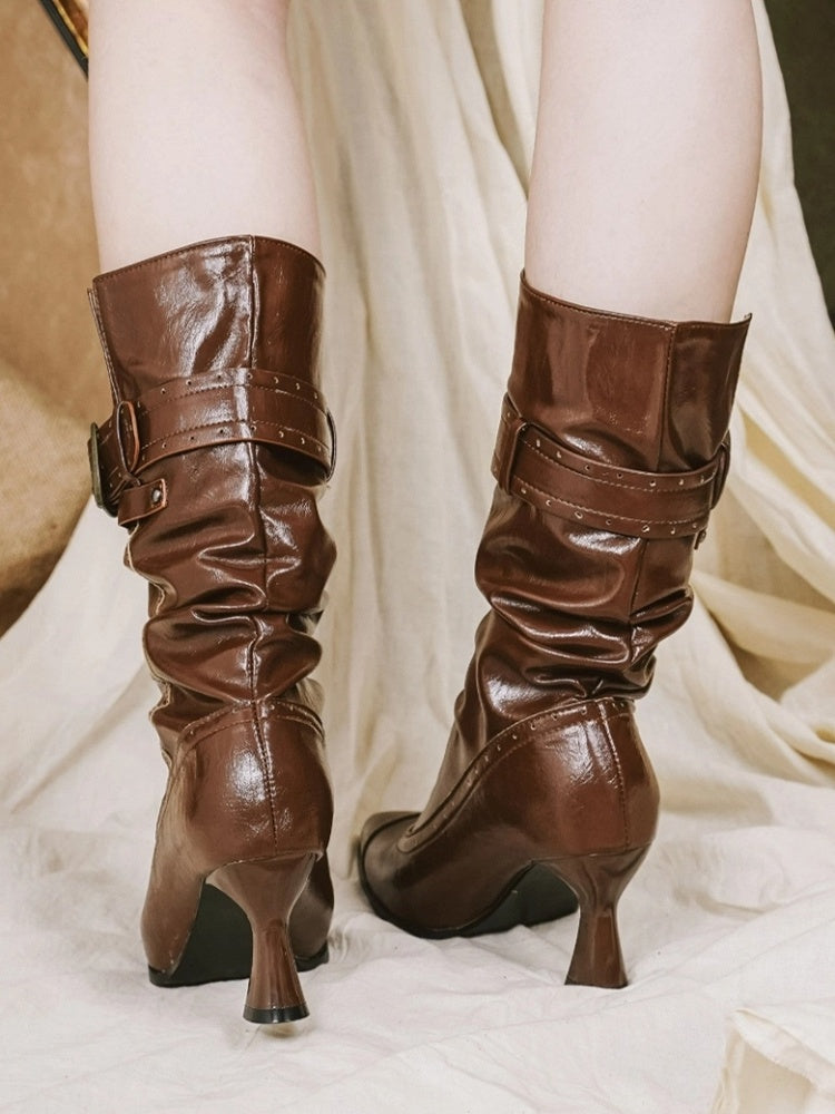 7.5cm High-heel Light Brown Stacked Boots - Slip-On Design with Collapsible Shaft & Ornate Clasps