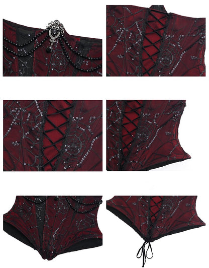 Victorian Goth Spiderweb Lace Wine Red Vampire Boned Corset
