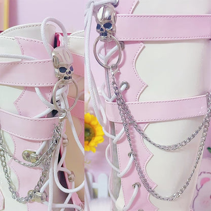 White and Pink Knee-high Punk Fashion Chunky Boots Studs and Skulls Details